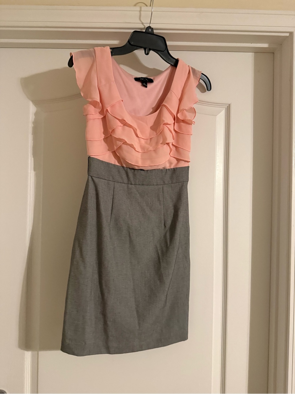 BCX Pink Ruffle Bodice Sheath Dress with Gray Skirt